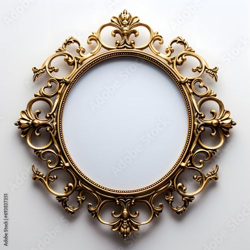a round ornate vintage gold frame on a white background
