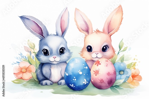 Cute bunny easter eggs watercolor 