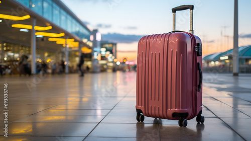Pink suitcase on the railway station or airport. Concept of summer holidays