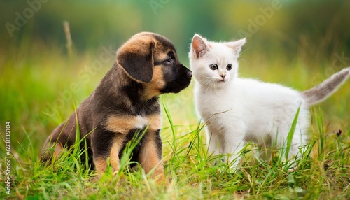 cat and dog in a field of grass