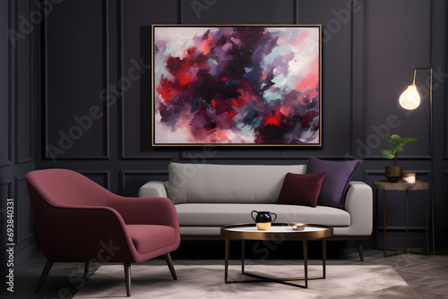 On the canvas, a captivating abstract painting features an intriguing mix of purples and reds, exuding vibrant colors that create a pictorial sense of movement and spontaneity.