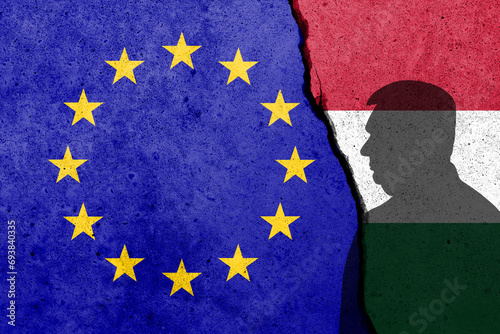 Europe Union and Hungary flags painted on the concrete wall