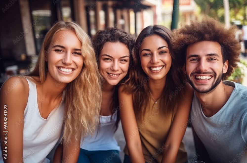 Group of happy young friends having fun on the city street taking a selfie Group of happy young friends having fun on the city street taking a selfie