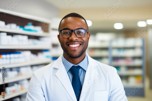 Man in white lab coat and tie smiling.