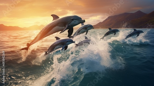 Playful group of dolphins leaping in the ocean, showcasing the beauty of marine wildlife on World Wildlife Day © Pixlab11