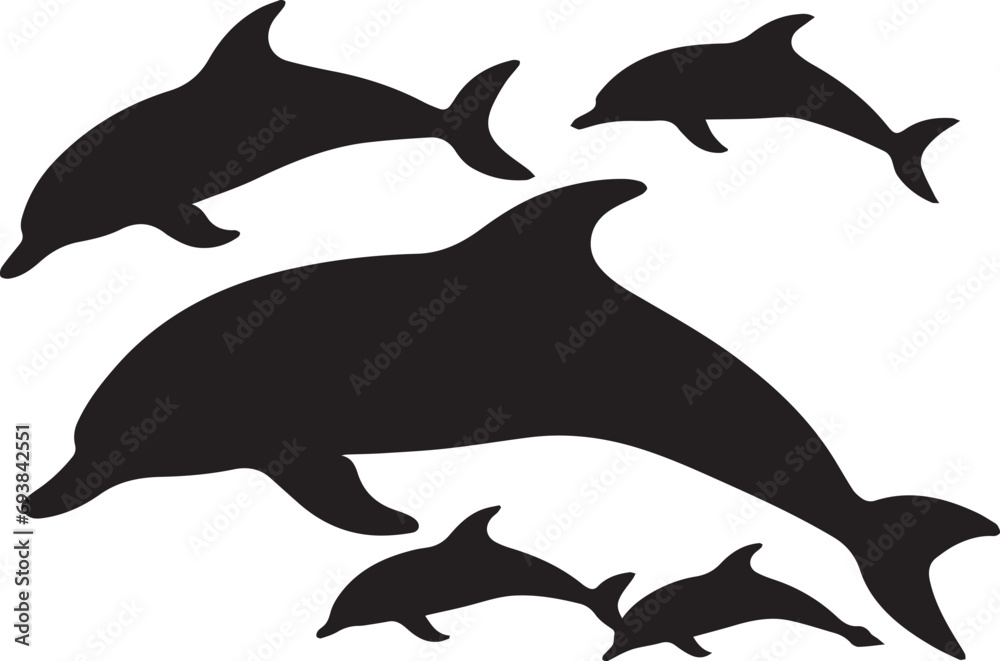 Fototapeta premium Set of silhouette black dolphin on white background