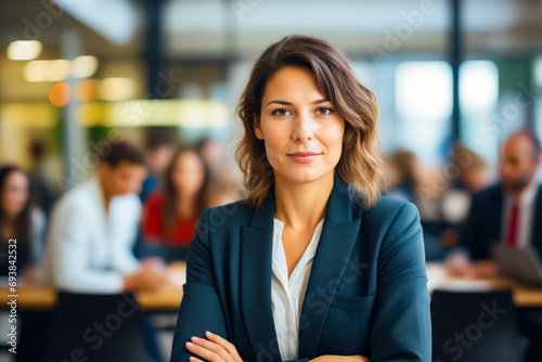 Woman in business suit standing with her arms crossed.