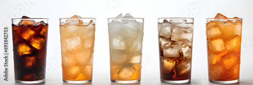  glasses of various iced drinks  lined up in a row photo