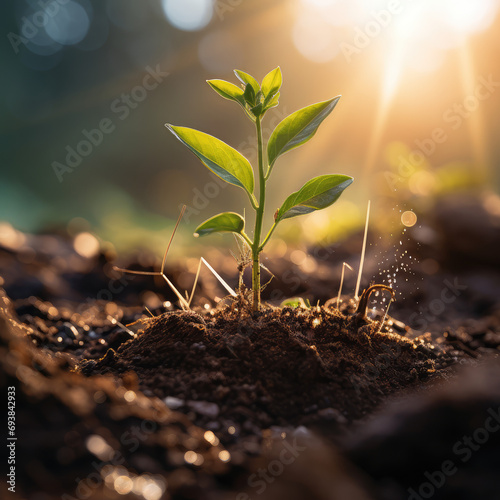 Close Up of a Young Plant Bathed in Morning Light. Embracing the Energy of New Beginnings. Cultivating Agriculture and Eco Living