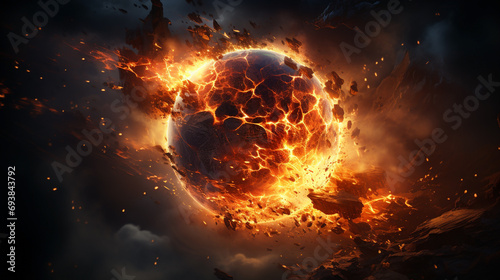 Wide horizontal burning planet web background banner with contrast and bright colors, volcano fire explosion and lava in dark environment 