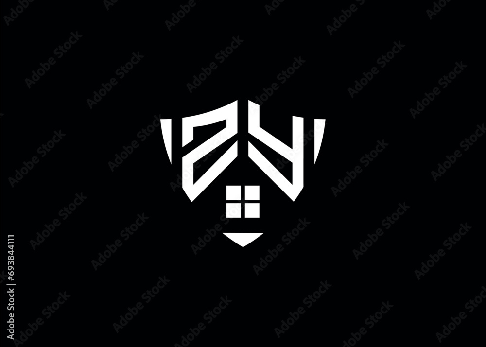 Real estate letter ZY shield shape logo and house building vector template Real estate letter ZY shield shape logo and house building vector template
