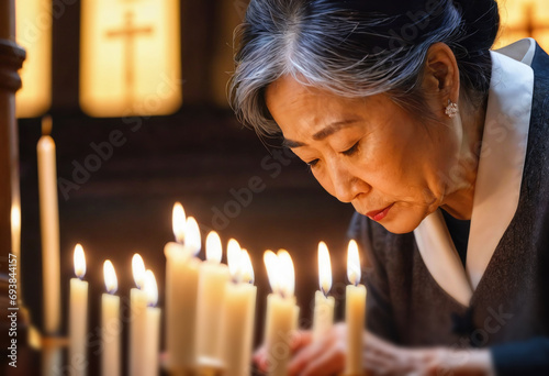 Wallpaper Mural Japan elderly sad woman lights a candle inside the church Torontodigital.ca