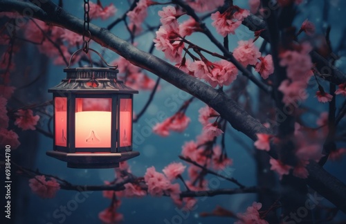 red candle lanterns on the branch of an asian tree with pink blossoms