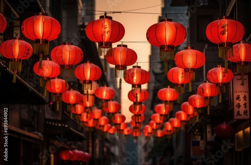 red paper lanterns hung on a street