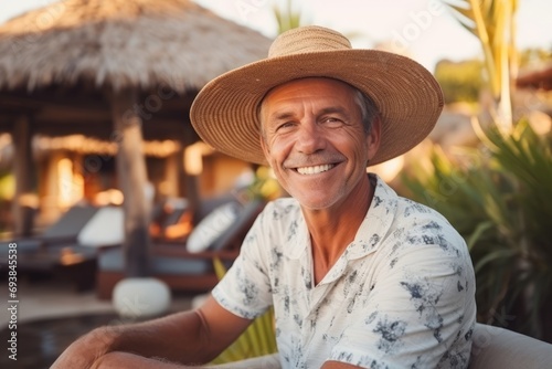 Portrait of a smiling senior man sittingchair at resort photo