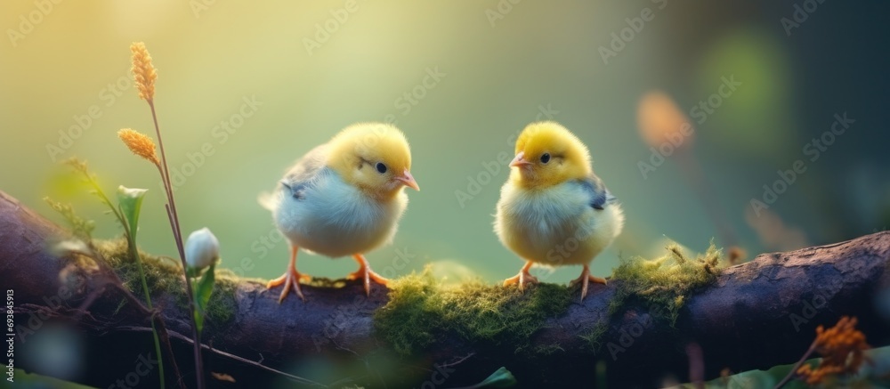 two small baby chicks on a branch with grasses in back two small baby chicks on a branch with grasses in back
