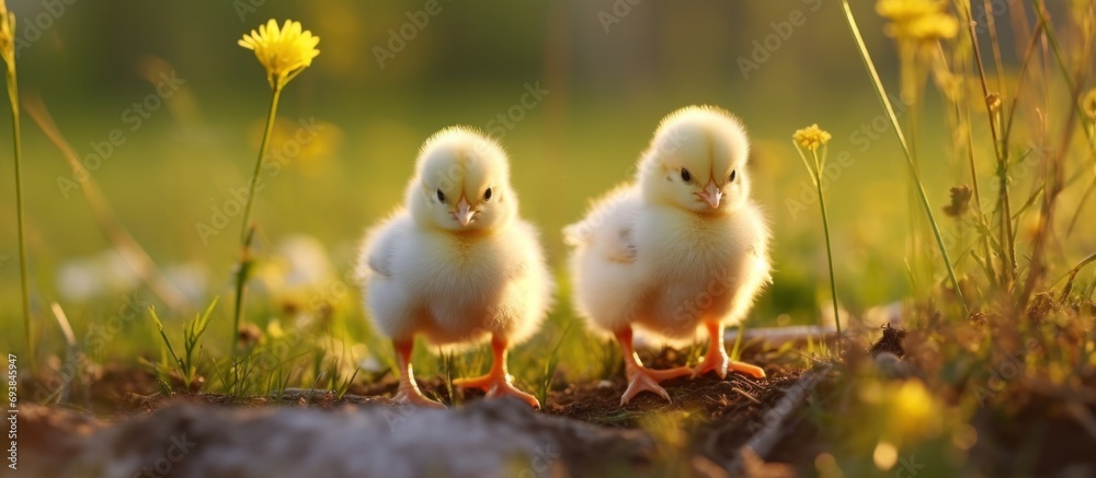 two small baby chicks on a branch with grasses in back