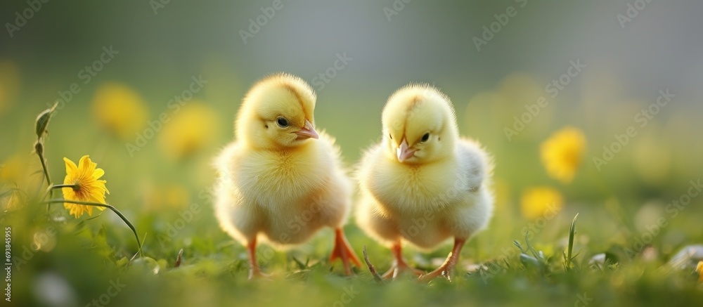 two small baby chicks on a branch with grasses in back