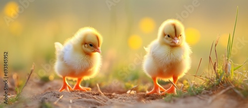 two small baby chicks on a branch with grasses in back © olegganko