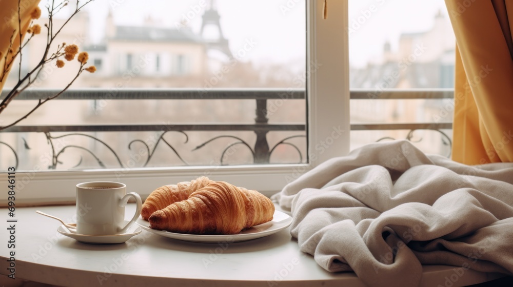 Cozy weekend vibes with steaming coffee, croissants, and a snowy window backdrop