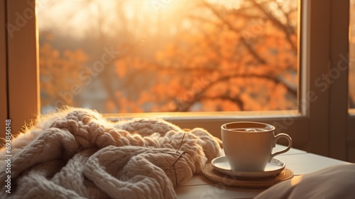 Cozy winter morning with steaming coffee