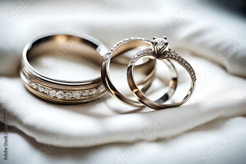 Closeup of bride and groom wedding rings on white cushion