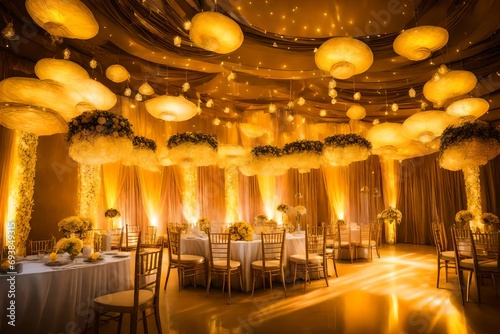 Wedding stage decoration. A beautiful reception decent lighting, the yellow lights, angel photo