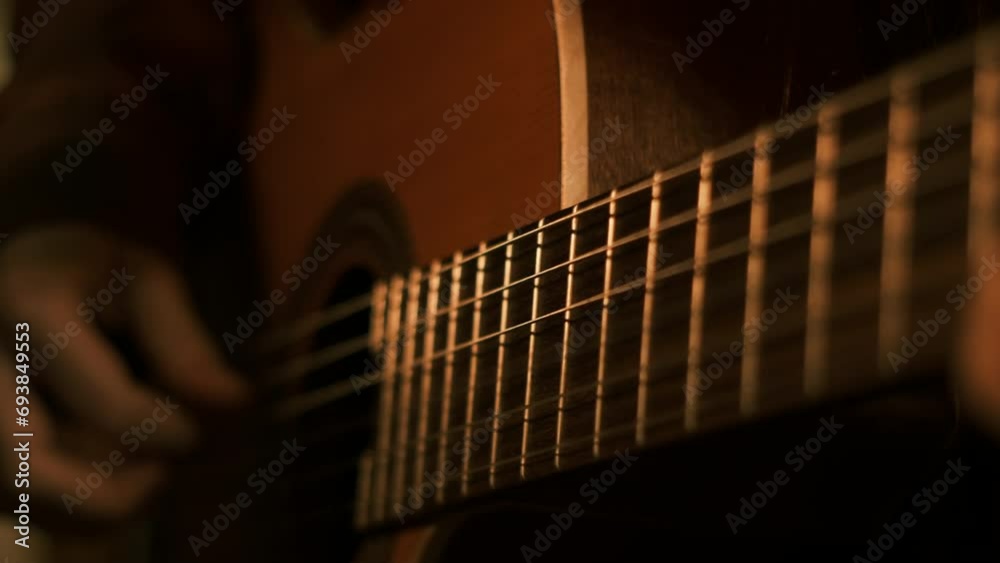 Cinematic dark key, close up professional classical guitar playing  close up teenager hands 4k