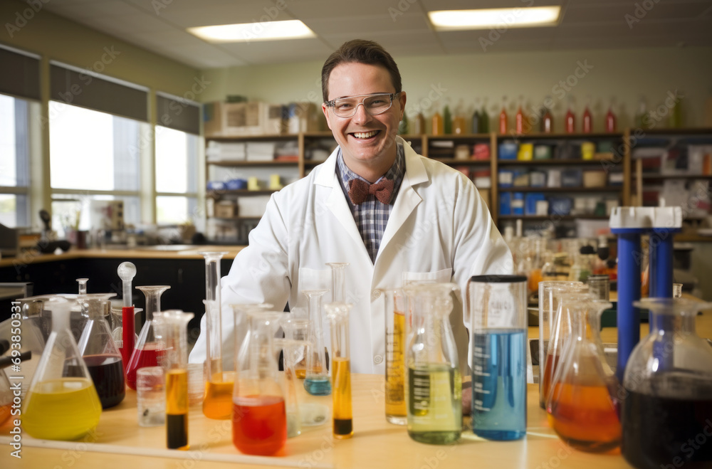 Enthusiastic chemistry teacher in lab with flasks Enthusiastic chemistry teacher in lab with flasks