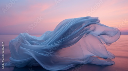 A flying floating blue veil in the sea at a pink sunset.