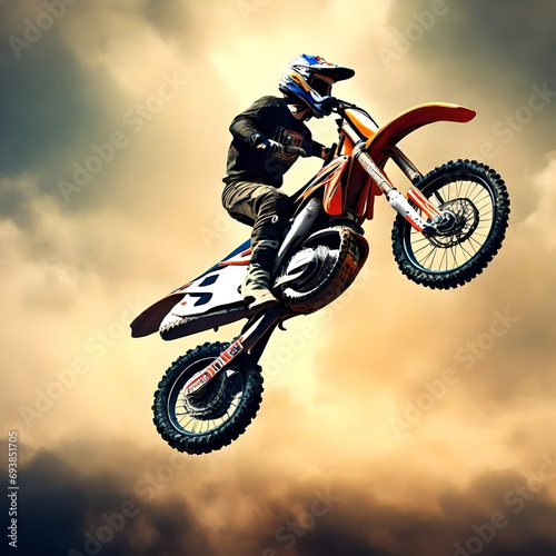 Big jump performed by a dirt bike rider. High speed, motocross, and supercross. Concept of sport. electronic art.