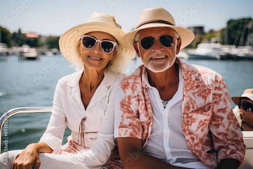 Mature modern couple sitting on boat in lagoon enjoying beautiful surroundings and each other.