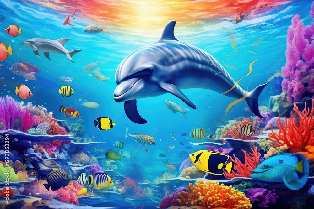 Dolphin swimming in the ocean on the background of corals. The dolphin is surrounded by many colorful fish, Dolphin swimming in the ocean on the background of corals. The dolphin is surrounded by many colorful fish,
