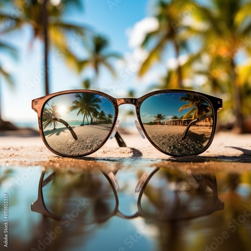 a pair of sunglasses placed on a surface on the beach, with the reflection of palm trees in the lenses; .
