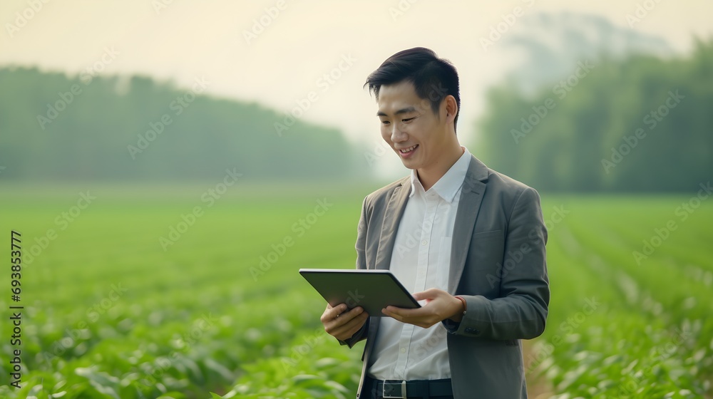 A young professional using a tablet in a field of crops, showcasing modern agriculture