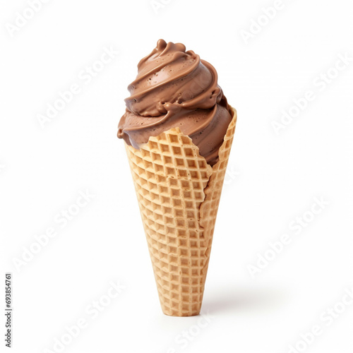 Ice cream chocolate scoop on waffle cone on white background. Chocolate Ice Cream Cone generative ai