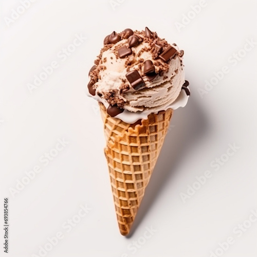 Ice cream chocolate scoop on waffle cone on white background. Chocolate Ice Cream Cone generative ai