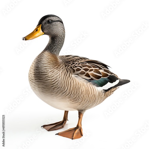 a duck standing on a white surface