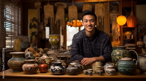 A man surrounded by antique pottery smiles warmly