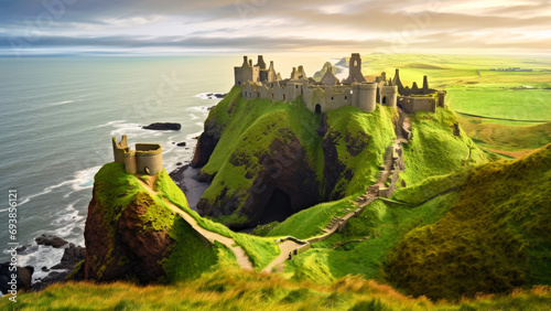Panoramic view of Beautiful Castle at sunrise on the East Coast of Scotland. United Kingdom