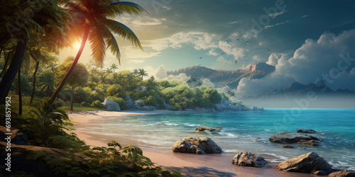 tropical paradise beach with white sand and coco palms travel tourism wide panorama background concept.