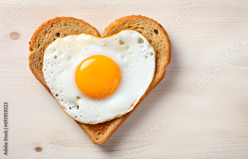 toast bread heart shape filled with fried egg and smile with ketchup on white wooden table top view