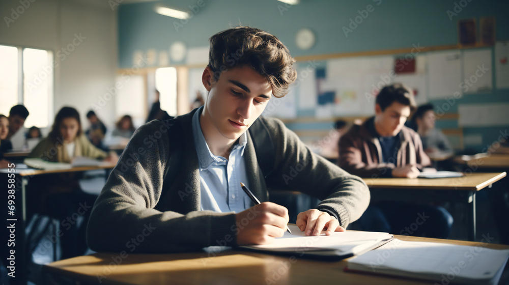 Stylish modern college boy participating in the classroom. Writing an exam.  looking worried and thinking about answers. Generative AI.