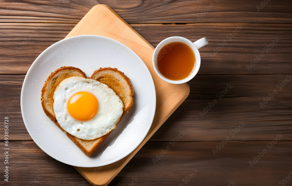 toast bread heart shape filled with fried egg on plate and coffee cup on white wooden table top view toast bread heart shape filled with fried egg on plate and coffee cup on white wooden table top view