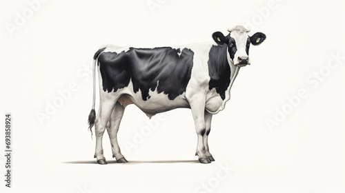 A black and white cow is solo standing erect photo