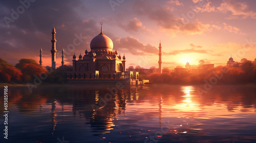 Sunset over the lake mosque
