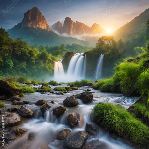 Green grass and flowing waterfall all around amidst the mountains. Beautiful view in the morning.
