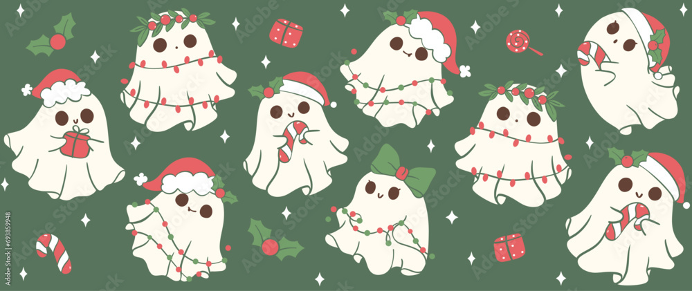Cute Christmas Glass Can Wrap kawaii Santa ghost Pattern layered printable for 16 oz Libbey isolated on background.
