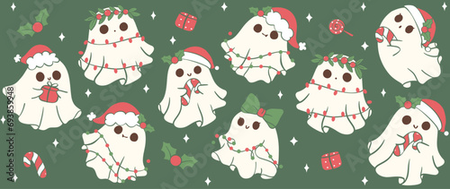 Cute Christmas Glass Can Wrap kawaii Santa ghost Pattern layered printable for 16 oz Libbey isolated on background.