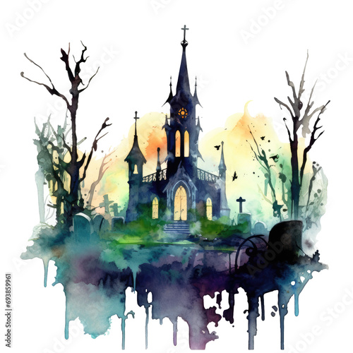 Spooky Watercolor Haunted Graveyard with Gothic Chapel Illustration on Transparent Background